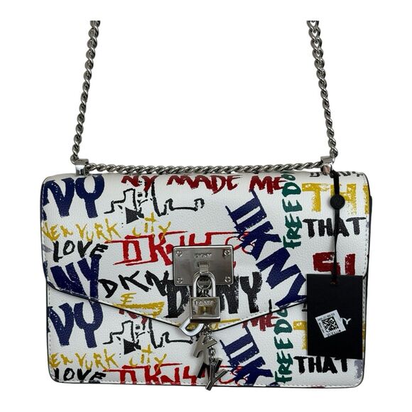 DKNY Elissa Large Shoulder Bag With Street Graffiti Design Chain Crossbody Strap